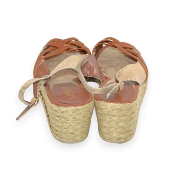 Ralph Lauren Linen Brown Leather Gold Foil Slingback Wedges Heels Sandals 9.5 - Picture 7 of 10